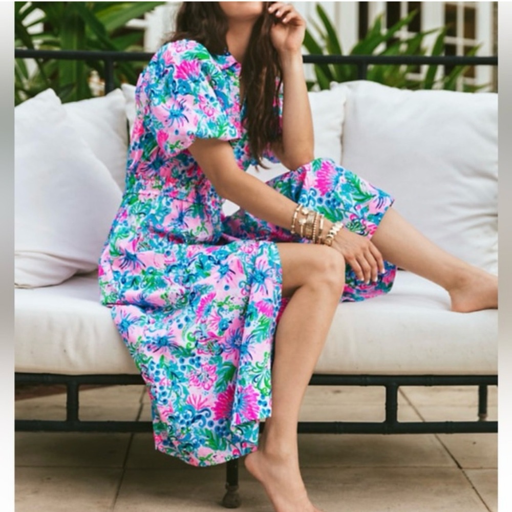 Lilly Pulitzer Blue Midi Sundress with Puff Sleeves Size 6